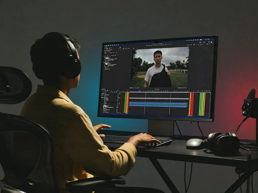 Video editor at a dual-monitor setup